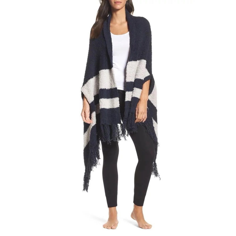 Barefoot Dreams Cozychic Malibu Wrap Navy And White With Fringe Trim One Size